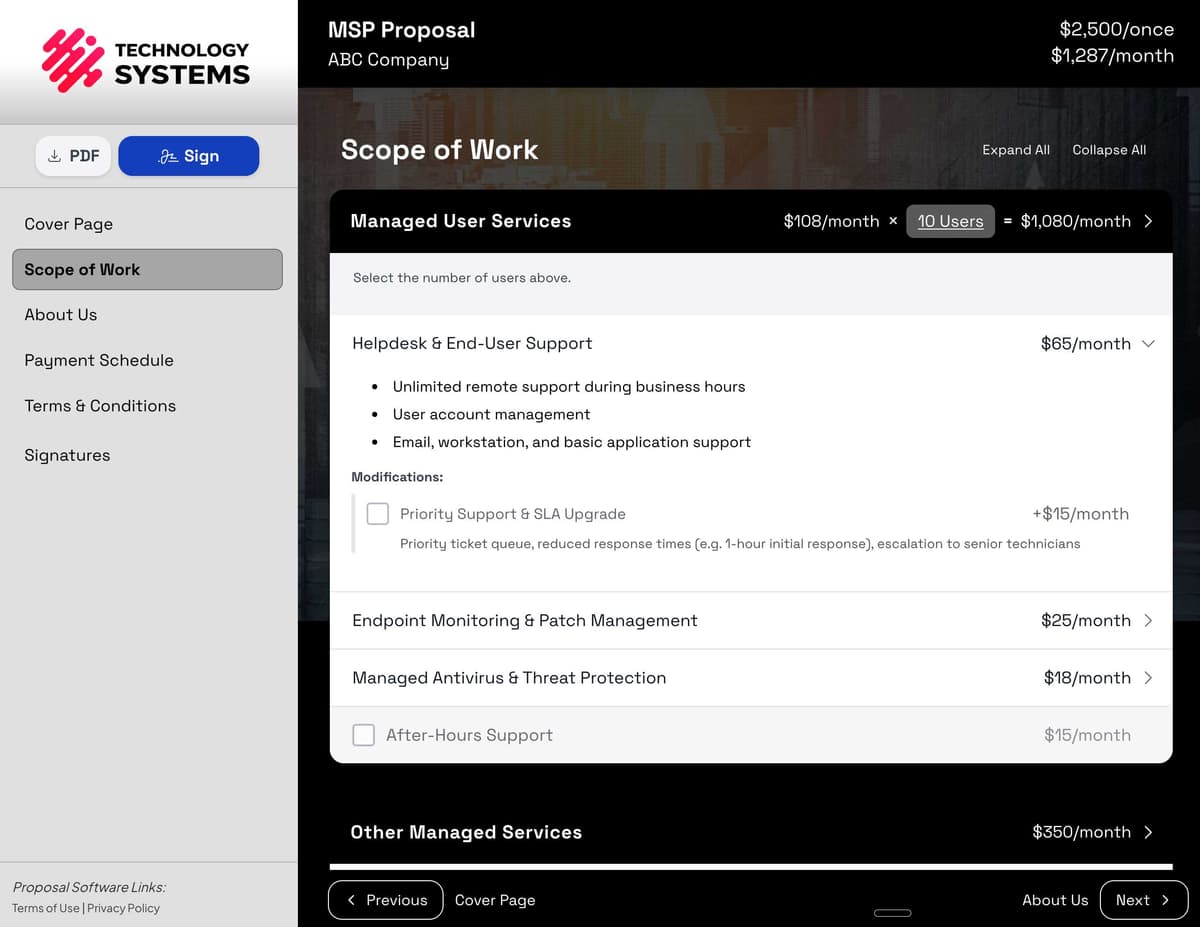 MSP Proposal Preview - Smart Pricing Table Interface