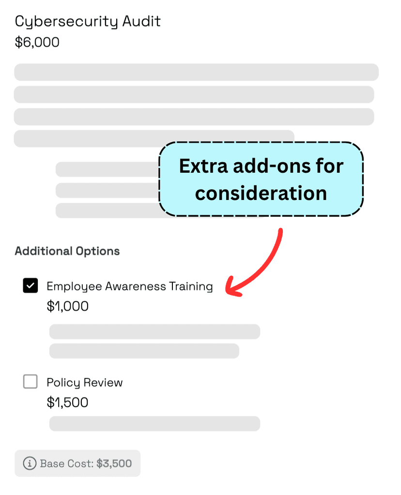 Smart Pricing Table line item upsells feature interface