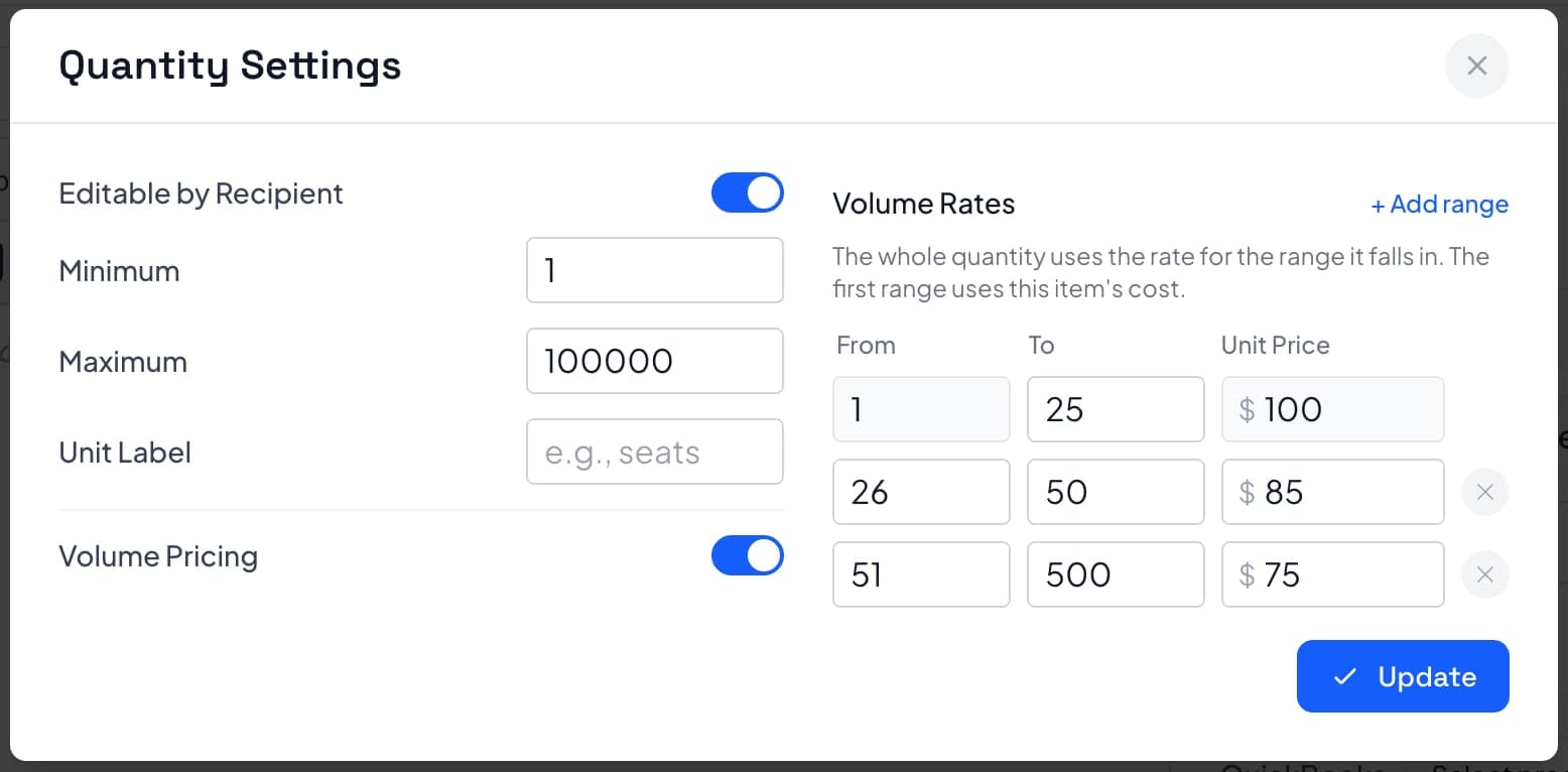 Quantity Settings dialog in Smart Pricing Table showing volume rate bands: 1 to 25 at $100 per unit, 26 to 50 at $85, and 51 to 500 at $75.