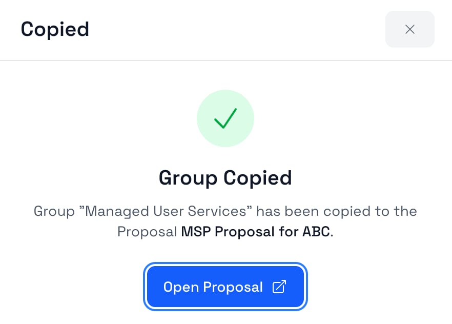 Group Copied confirmation in Smart Pricing Table with an Open Proposal button