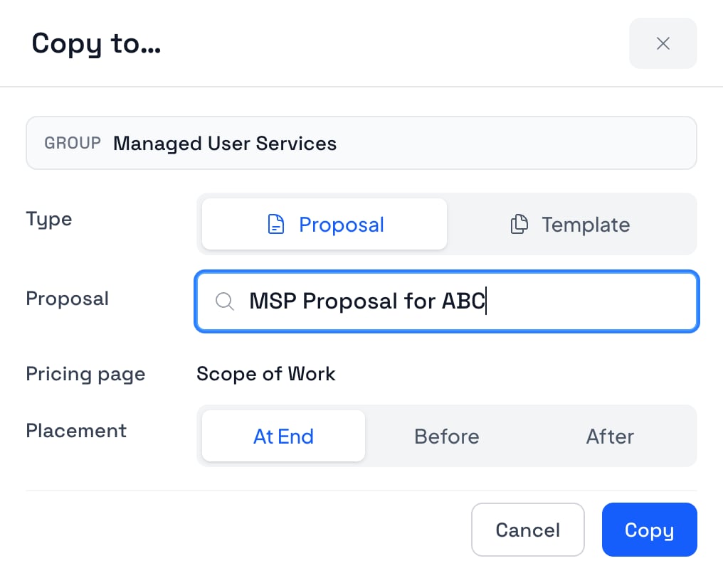Copy to... dialog in Smart Pricing Table showing Type, Proposal search, Pricing page, and Placement options for the group Managed User Services