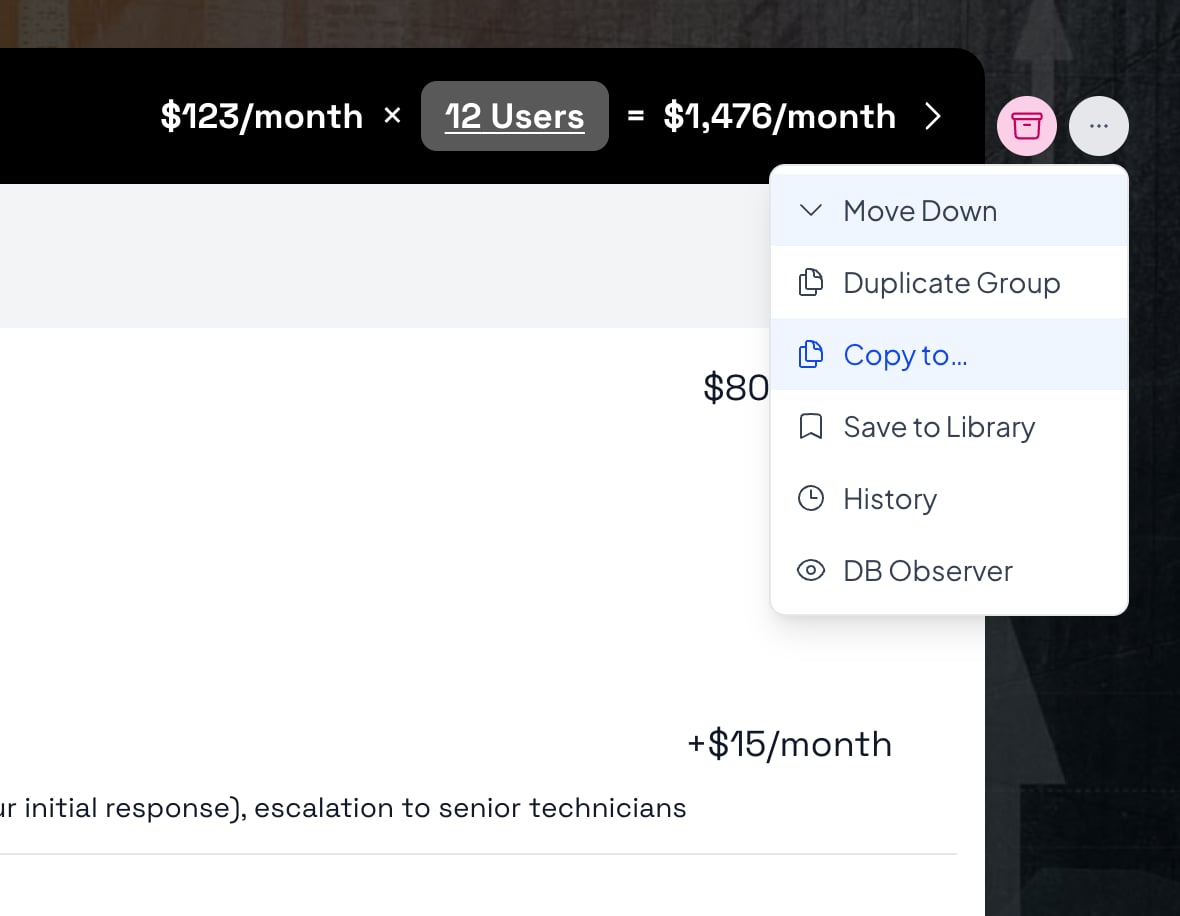 More menu on a group in Smart Pricing Table with Copy to... highlighted alongside Duplicate Group and Save to Library
