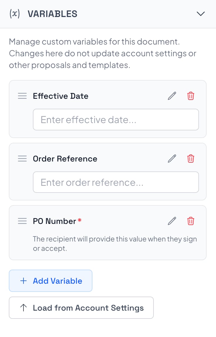 Variables panel on a proposal in Smart Pricing Table with Effective Date, Order Reference, and PO Number, plus Add Variable and Load from Account Settings