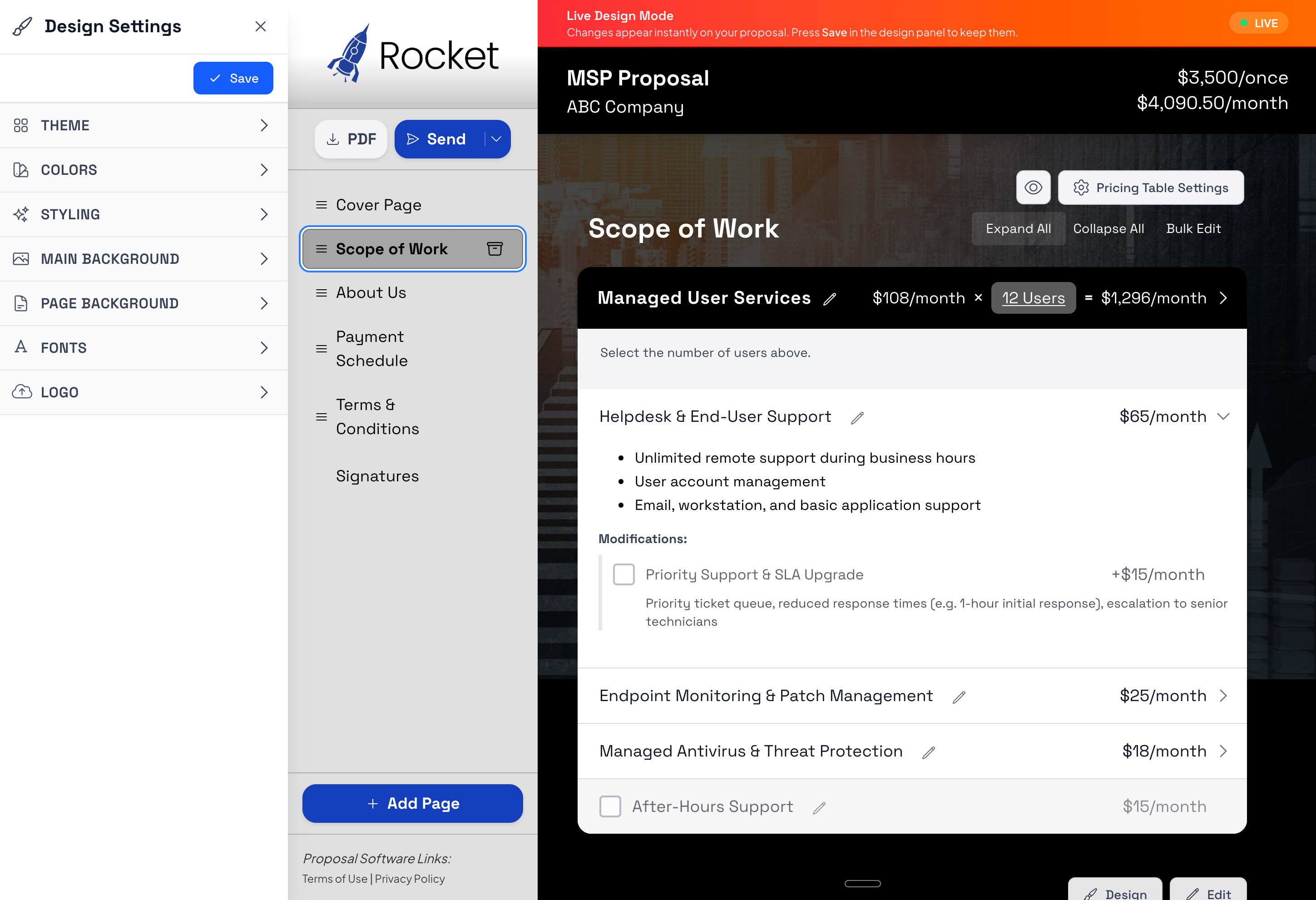 Full-screen design interface showing real-time design changes in Smart Pricing Table