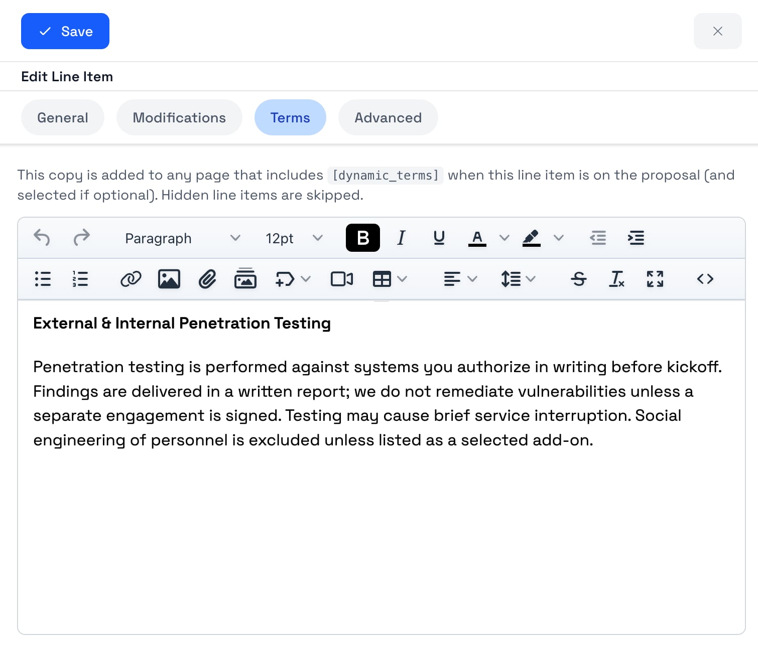 Terms tab open on a service in the Smart Pricing Table proposal editor, showing the contract language attached to that item