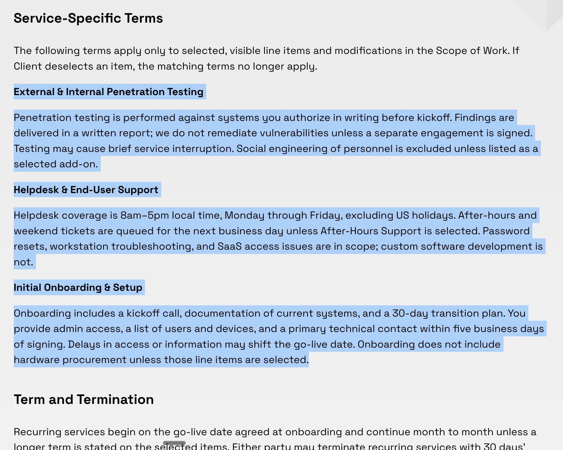 Rendered proposal terms and conditions page with a separate block of terms under each selected service