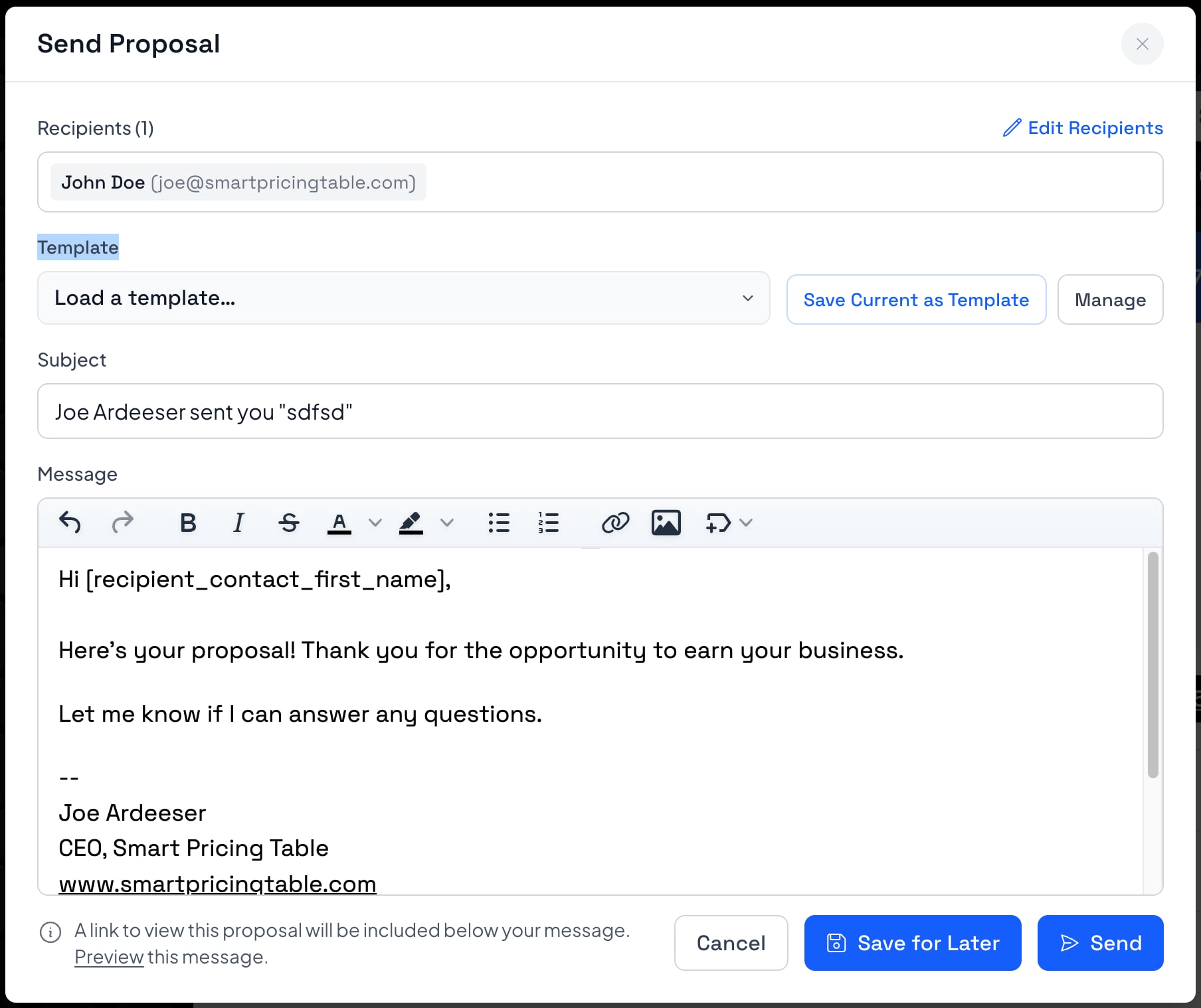 Send Proposal window in Smart Pricing Table showing the Template picker with Load a template, Save Current as Template, and Manage