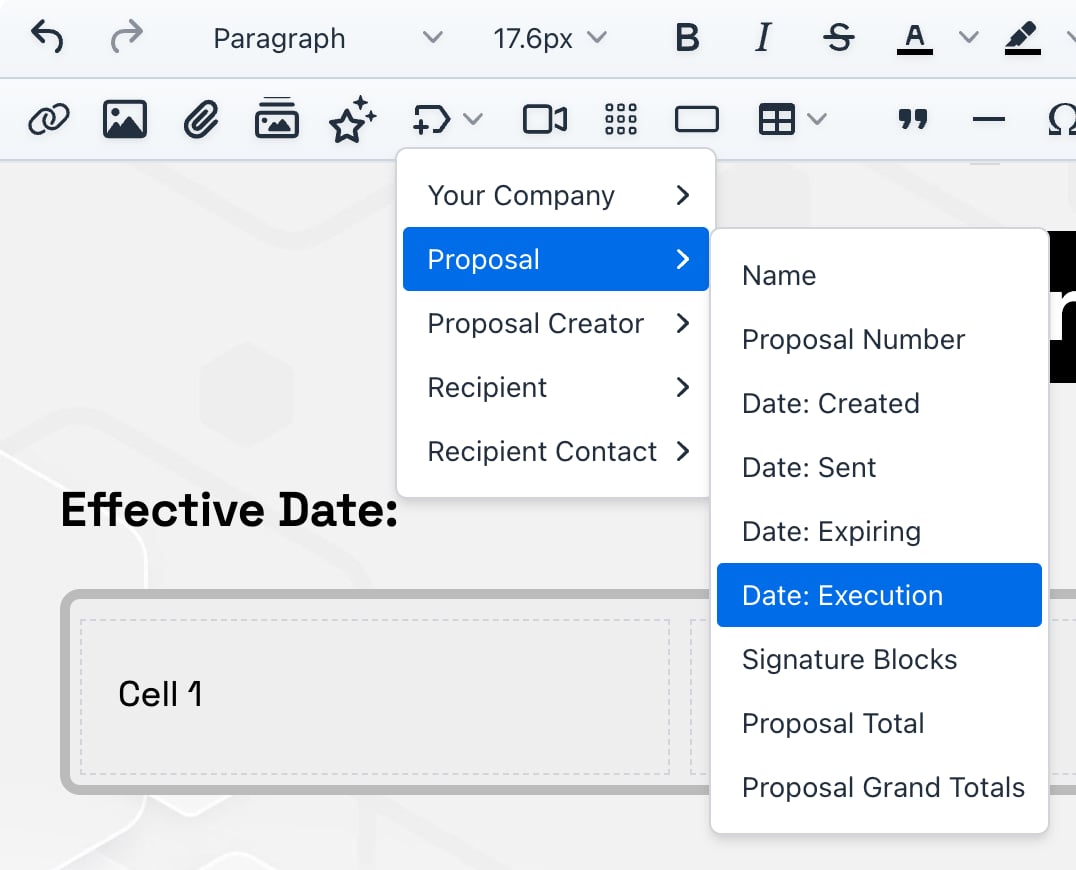 Variables menu in the Smart Pricing Table editor with Date: Execution selected under Proposal