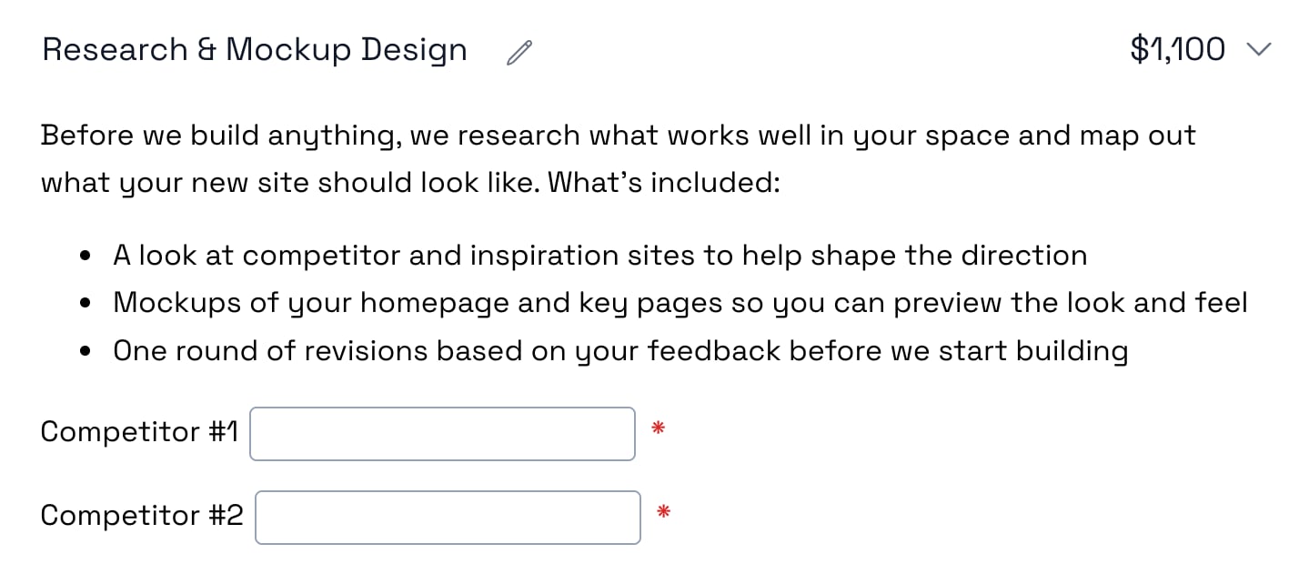 A Research and Mockup Design line item in a Smart Pricing Table proposal with required Competitor #1 and Competitor #2 fields for the client to fill in