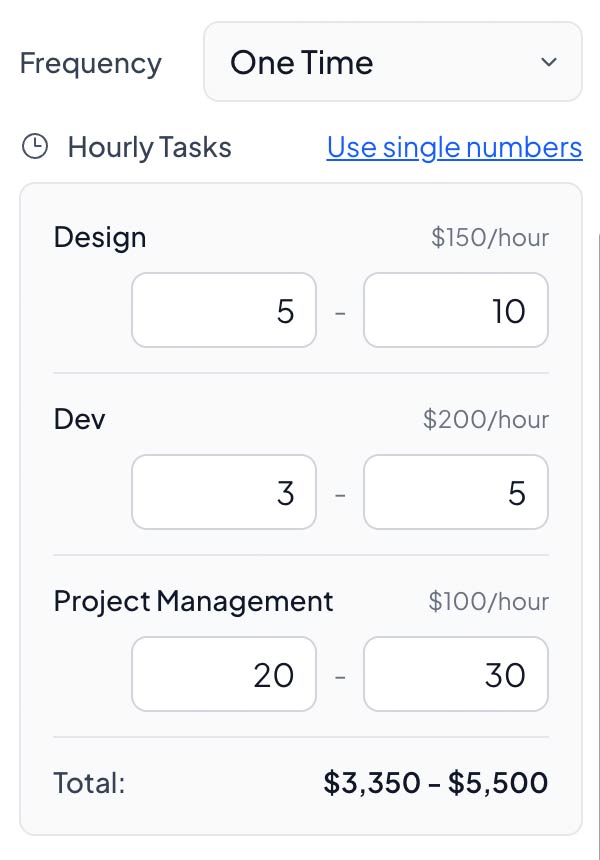 Hourly task range estimates showing minimum and maximum hours with calculated price range of $3,350 to $5,500 in Smart Pricing Table proposal software