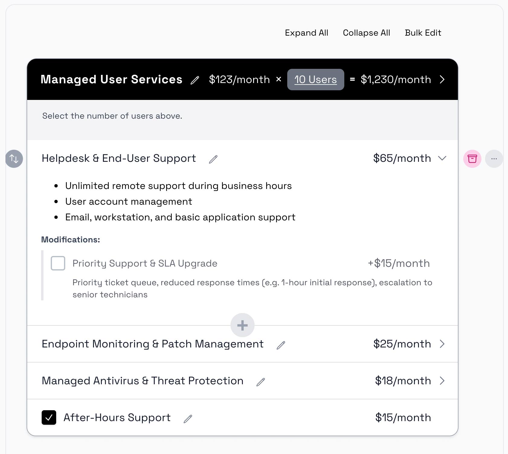 Group editor interface for managing library items in Smart Pricing Table