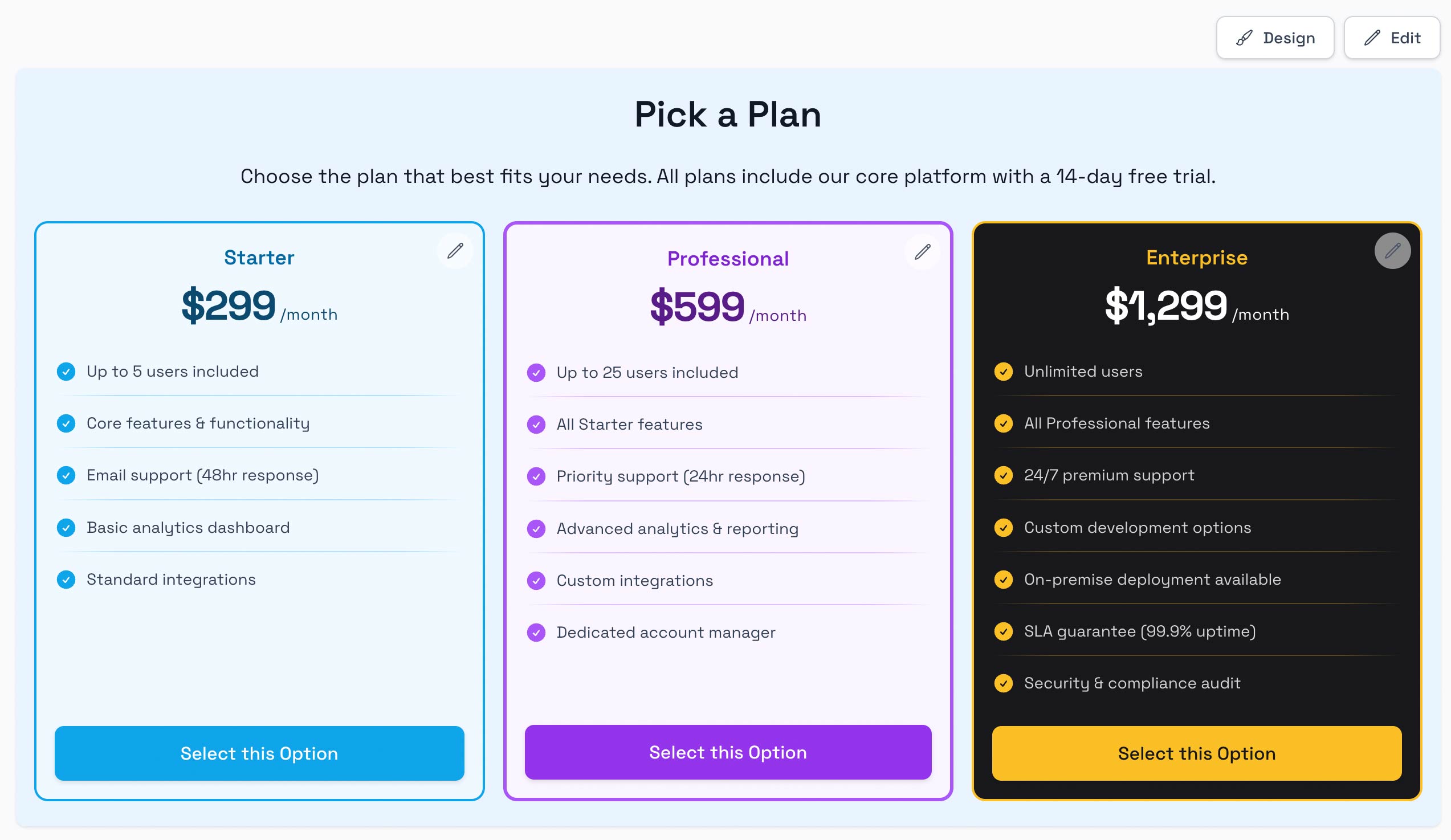 Side-by-side library interface showing reusable comparison templates in Smart Pricing Table