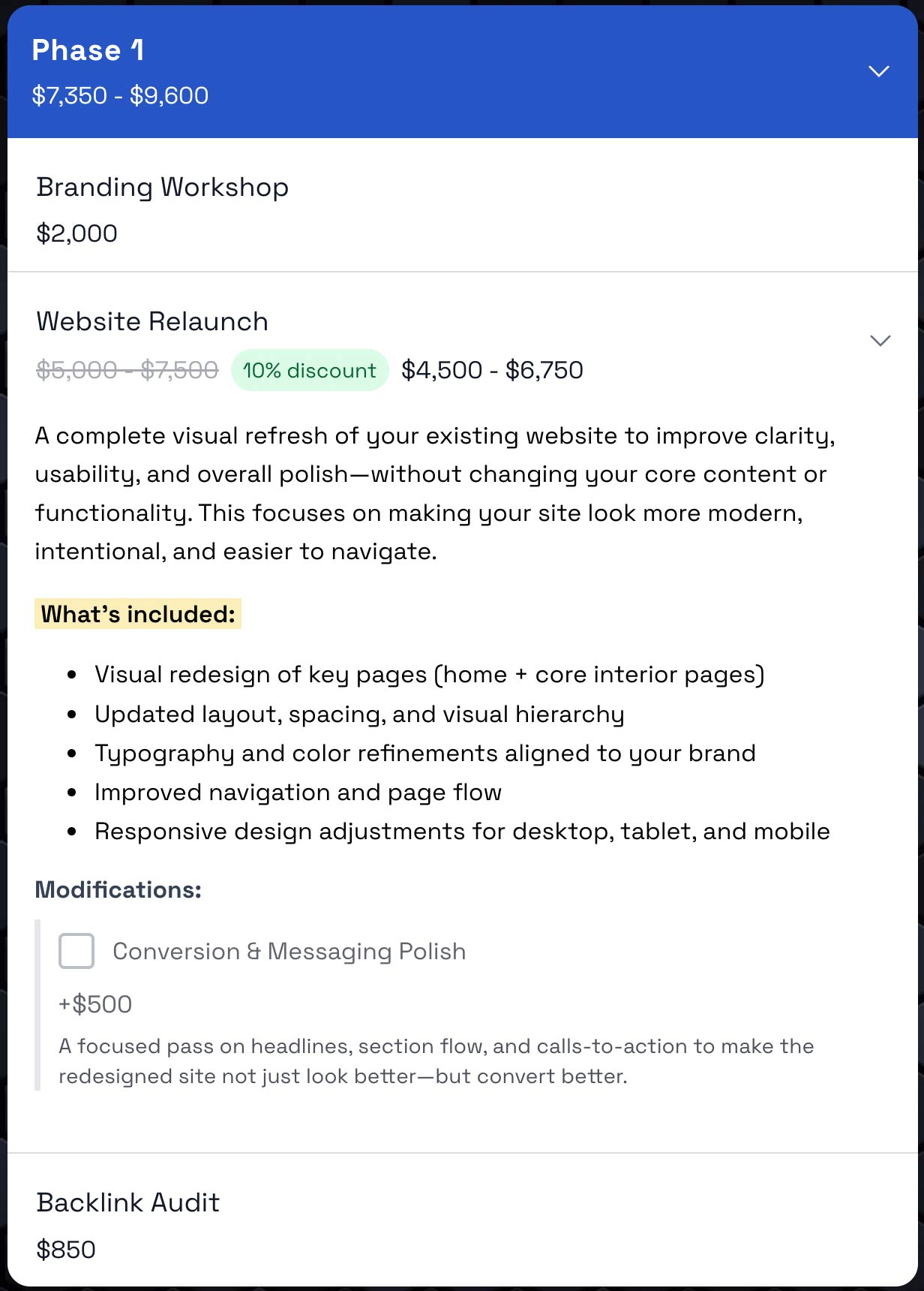 Interactive pricing table showing line items with price ranges, discounts, and automatic totals