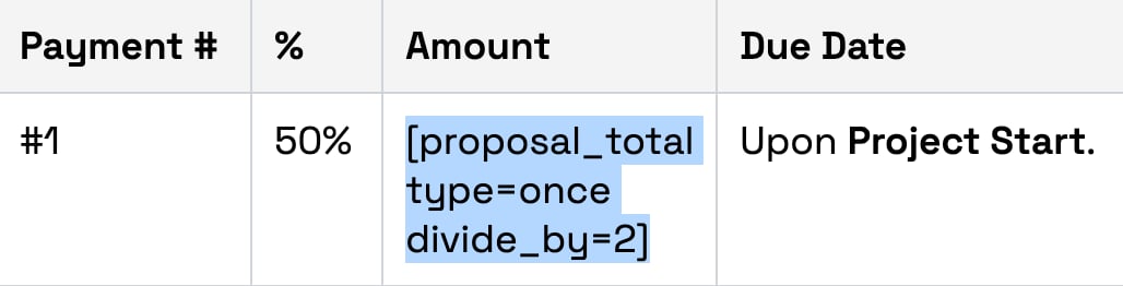 Payment schedule with a proposal_total variable in the Amount column
