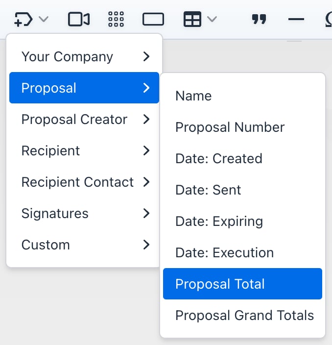 Insert variable menu open to Proposal, with Proposal Total selected