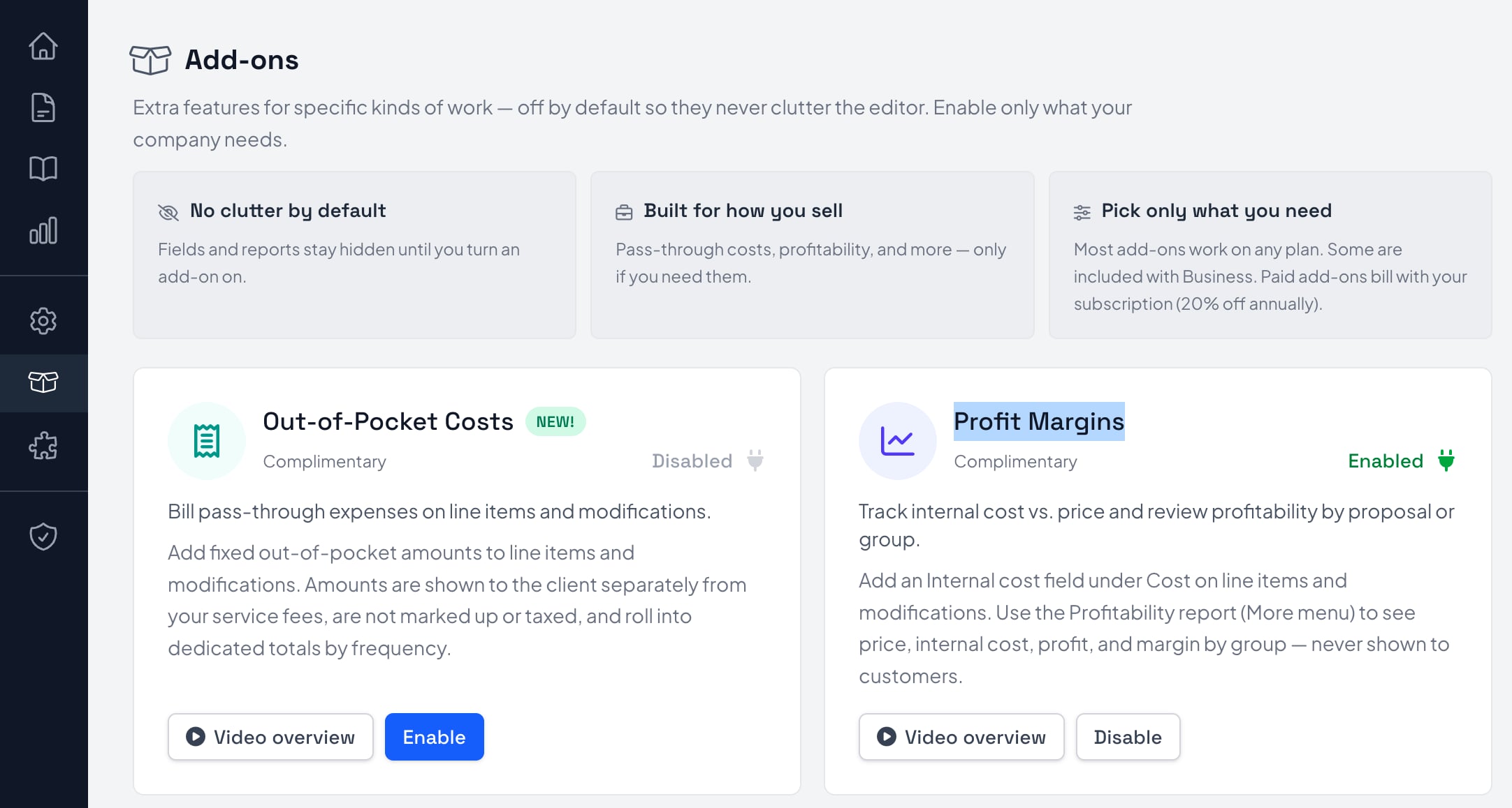 Add-ons page in Smart Pricing Table with Profit Margins enabled and Out-of-Pocket Costs still disabled
