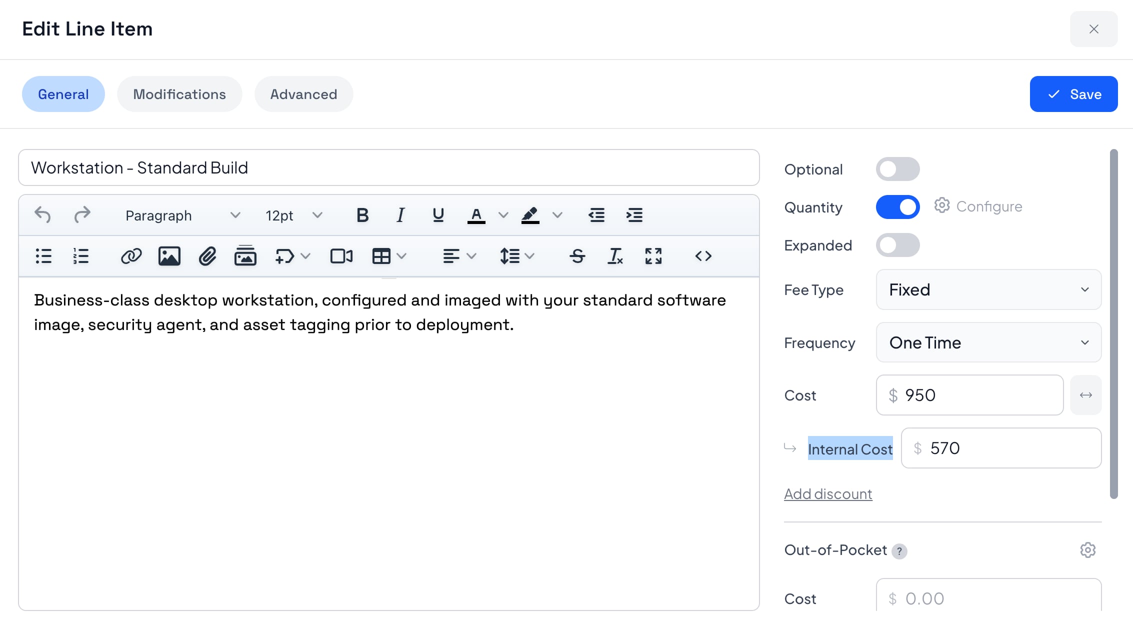 Edit Line Item in Smart Pricing Table showing a $950 price and a $570 Internal Cost field underneath