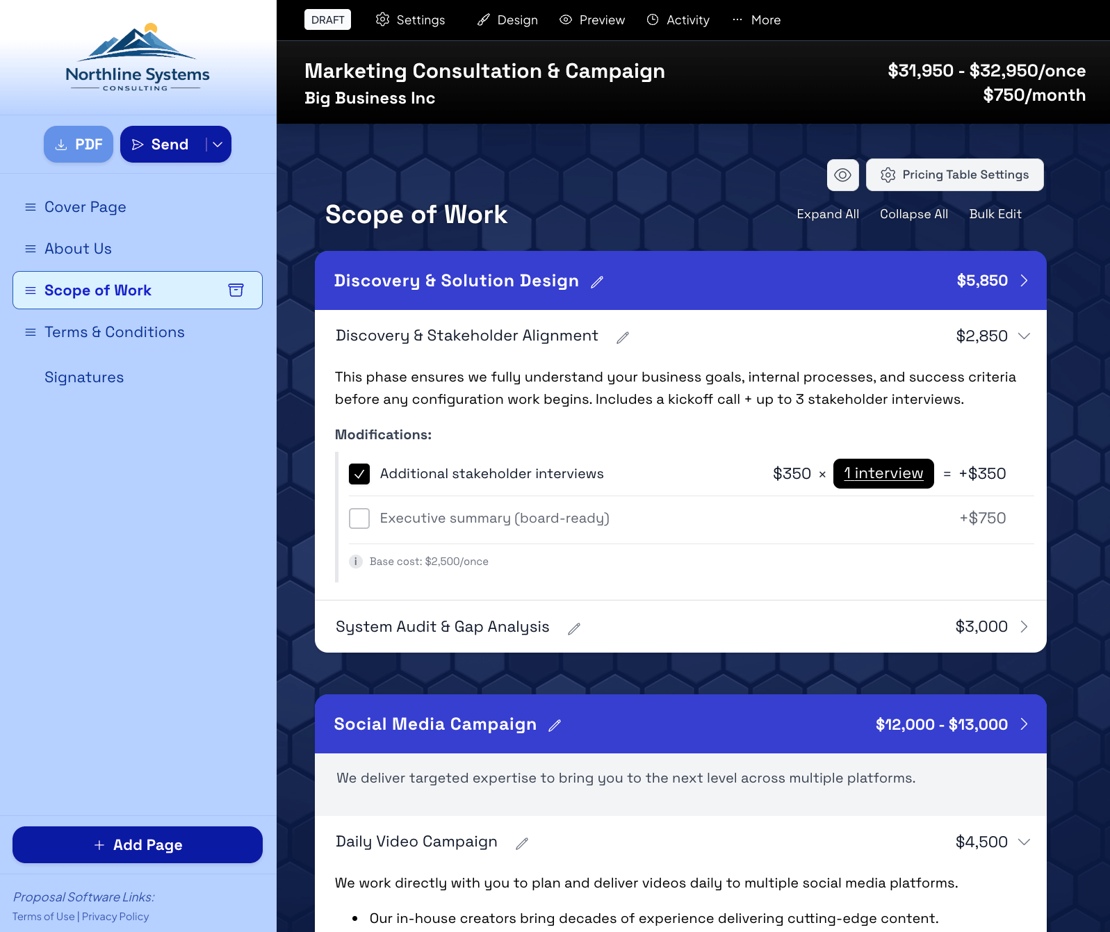 Proposal writing software Smart Pricing Table screenshot showing sections, line items, and design settings panel.
