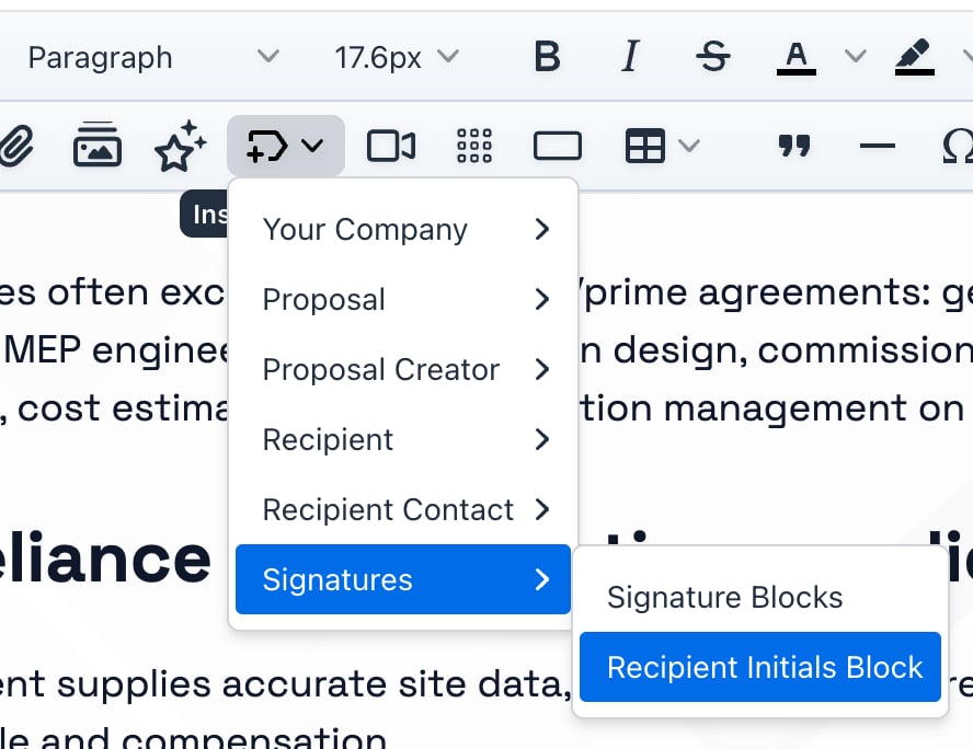 Insert Variable menu open to Signatures with Recipient Initials Block selected