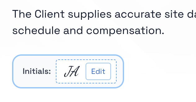 Recipient initials field showing handwritten-style initials with an Edit button during proposal signing