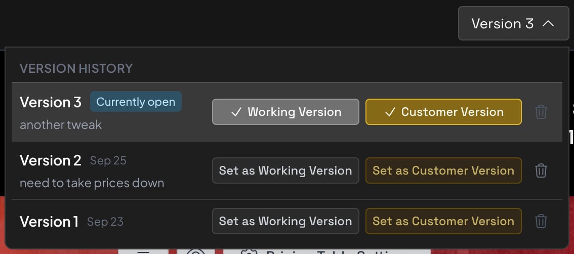 Version history showing Version 3 as the working version and the customer version, with Versions 1 and 2 below it