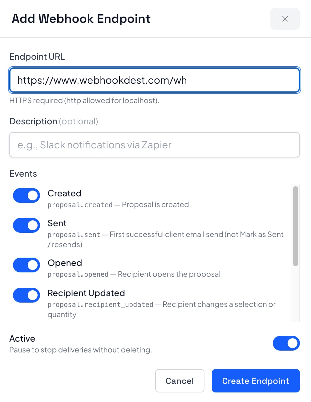 Add Webhook Endpoint dialog in Smart Pricing Table with Endpoint URL, Description, event toggles, and Create Endpoint button